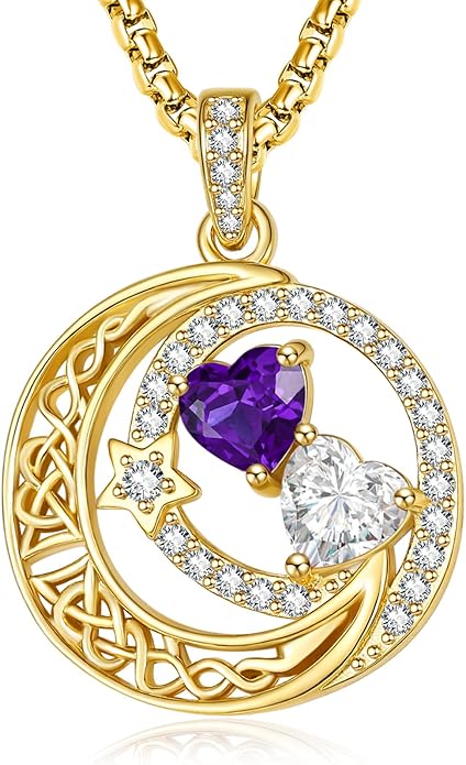 14K Gold Moon and Star Necklace Gifts for Women - Double Heart Birthstone Necklace, Valentines Wedding Anniversary Birthday Gifts for Her Wife Mom Daughter Grandma Sister