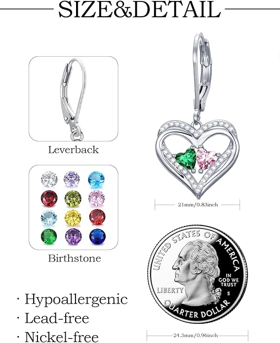 Valentines Day Gifts for Women, Heart Leverback Earrings Double Birthstone Dangle Earrings for Women, Love Jewelry for Her, Anniversary Birthday Gift for Mom Wife Girlfriend