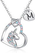 Hidepoo Valentines Gifts for Kids Girls - Unicorn Necklace Gifts for Teen Girls Kid, Colorful CZ Heart Pendant Initial Unicorn Necklaces for Girl Jewelry Birthday Gift for Girl Kid