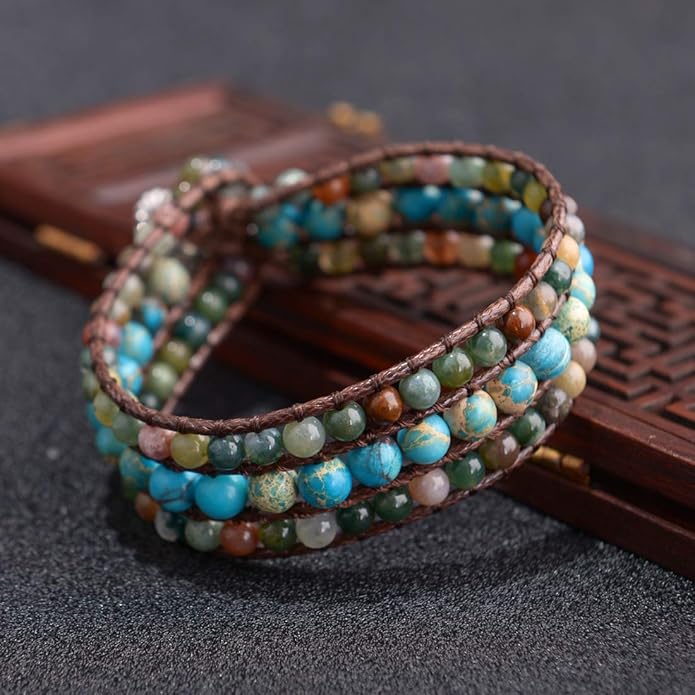 YGLINE Boho Handmade Natural Stone Bead 3 Row Wide Wrap Wrist Statment Bracelet Jewelry Collection