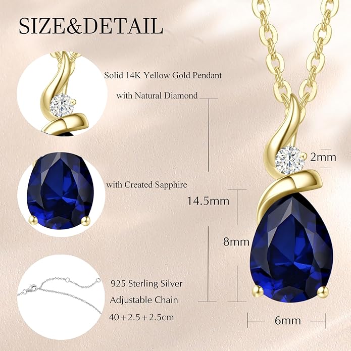 FANCIME 14K Solid Yellow Gold Birthstone Pendant Necklace for Women with Diamond Pear Shaped Teardrop Necklace Birthday Gifts for Mom Women Sterling Silver Chain 16" + 2" Extender