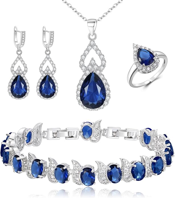 BriLove Wedding Jewelry Set for Women Bride Bridesmaid, Gorgeous Cubic Zirconia Teardrop Necklace Earrings Bracelet Adjustable Ring Jewelry Gift for Birthday/Anniversary/Mother’s Day