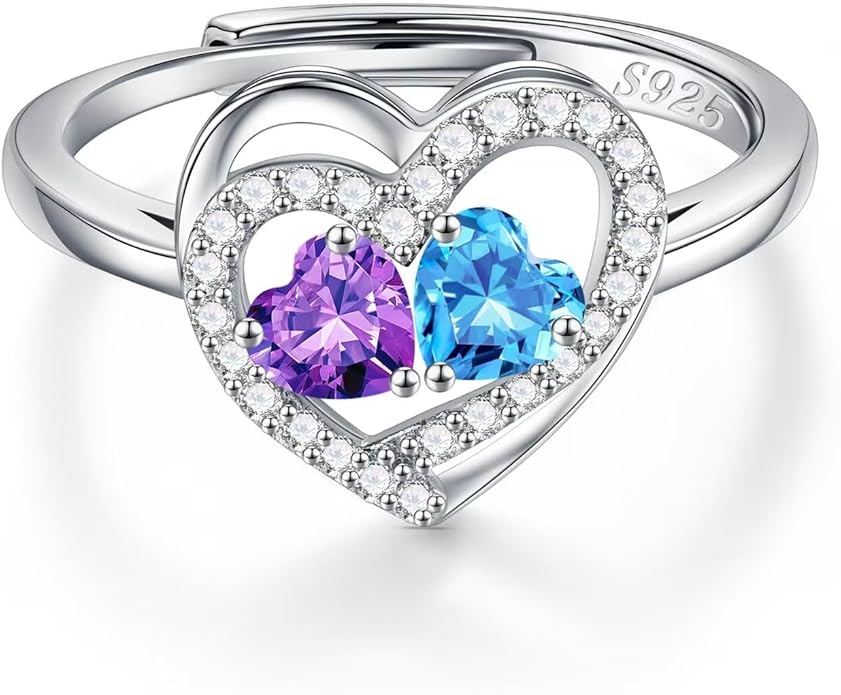 Iefil Adjustable Ring for Women - 925 Sterling Silver Double Birthstone Rings, Anniversary Birthday Gifts for Women Wife Her