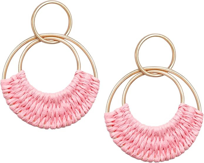 Raffia Hoop Earrings for Women Fun Boho Summer Beach Earrings Lightweight Handmade Straw Wicker Rattan Dangle Earrings Statement Geometric Round Drop Earrings