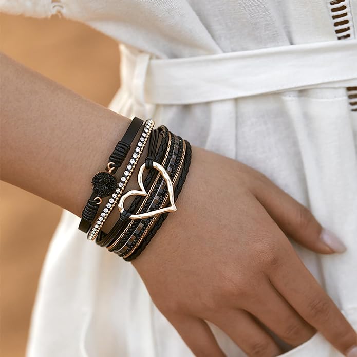 Fesciory Leopard Bracelet for Women, Boho Leather Wrap Multi-Layer Pearl Crystal Bracelet Bangle Jewelry