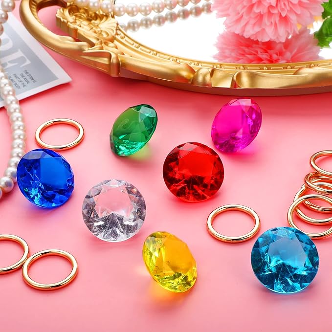 Chalyna 60 Pcs Acrylic Diamond Gem Jewelry Alloy Gold Round Ring Set Halloween Party Favor Pirate Treasure Hunting Cake Decor with Gift Bag for Birthday (Fresh Style)