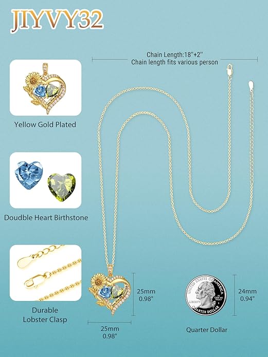 Sunflower Heart Necklace for Women 14K Gold Exquisite Valentines Day Anniversary Birthday Gifts for Wife Mother Her Double Birthstone Pendant Jewelry‘You Are My Sunshine’