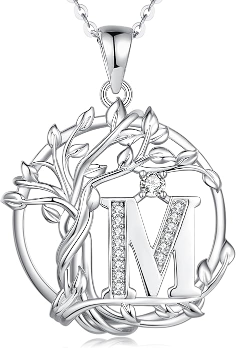 FANCIME Tree of life Initial necklaces for women, Sterling Silver Tree Jewelry Simulated Diamond Letter Pendant Cubic Zirconia CZ Personalized Birthday Mothers Day Gifts for Mom Wife Her