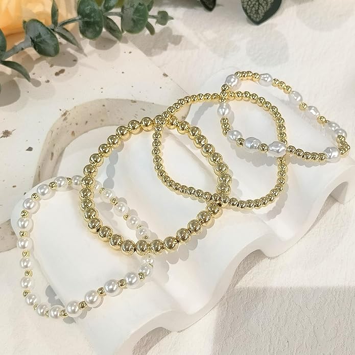Zeffy Gold Pearl Beaded Bracelet for Women, 14K Gold Plated Jewelry Set With Paperclip Link Chain, Trendy Stack Bracelets