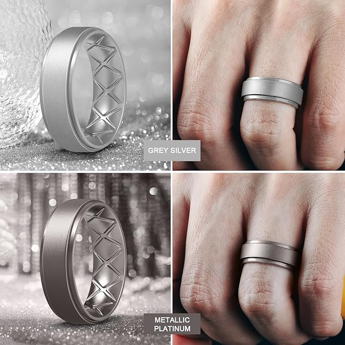 Egnaro Men's Rings 8.5mm Wide-2mm Thick Inner Arc Ergonomic Breathable Rubber Wedding bands-Hypoallergenic for Gym/Outdoor/Gift((1-7 Variety Pack with Half Size)