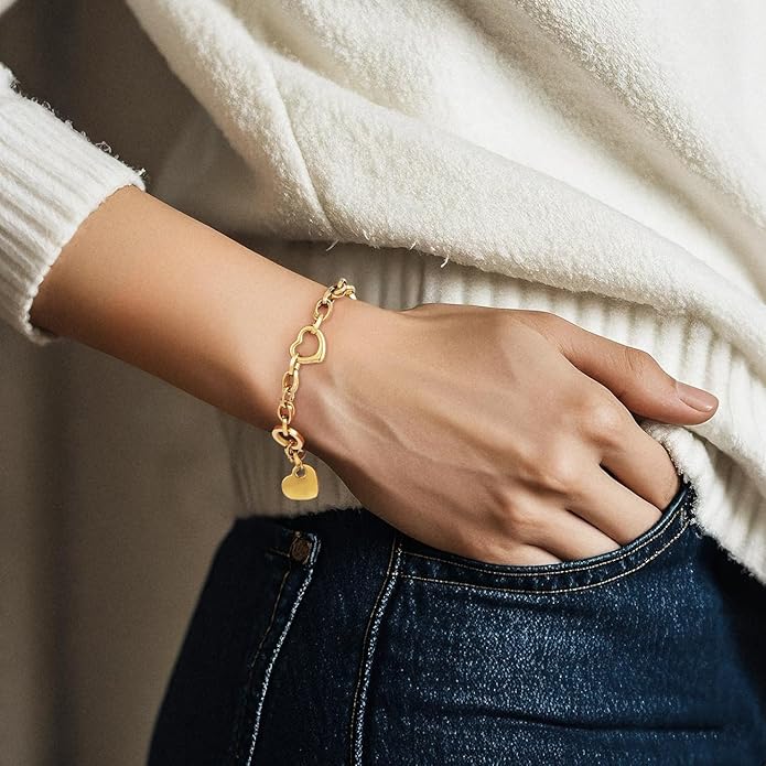 Emibele Heart Charm Bracelet for Women, Bible Verse Bracelet Stainless Steel 18K Gold Plated Bracelet Love Pendant Link Chain OT Clasp, Birthday Christmas Jewelry Gift for Mother Her