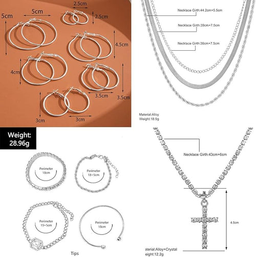 116 Pcs Silver Jewelry Set with 7Pcs Layered Necklace, 11 Pcs Bracelet and 22pcs Hoop Earrings ,22pcs Knuckle Rings,54pcs stud earrings Jewerly set For Women Valentine Anniversary Birthday Friendship Gift