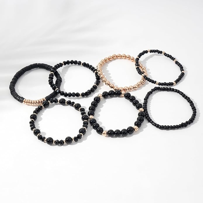 GOOJIDS Surfer Heishi Clay Bead Bracelets for Women Bohemian Stackable Gold Plated Beaded Stretch Bracelets Elastic Layering Friendship Bracelets Set Boho Jewelry