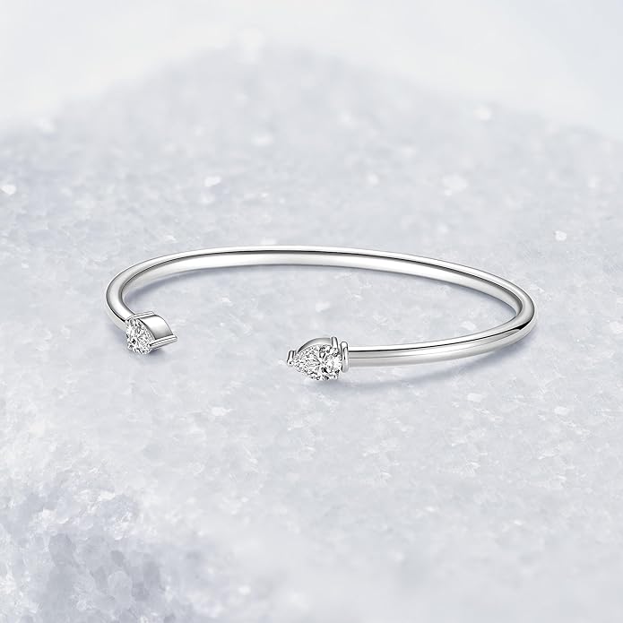 Pear Moissanite Cuff Bangle for Women, 1.6cttw D Color 5x7mm Pear Cut Moissanite, 925 Sterling Silver Dainty Bridal Cuff Bracelet, Fashion Wedding Jewelry for Her