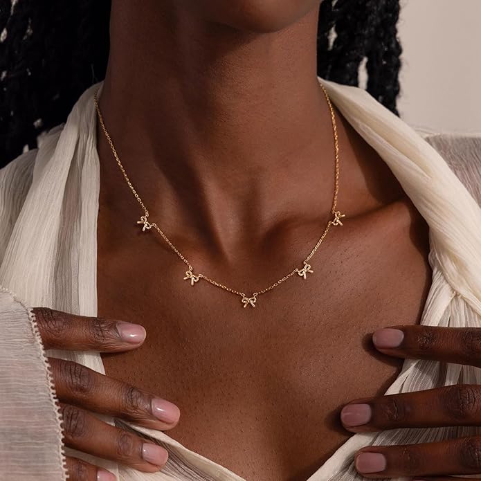 VRIUA Necklaces for Women - 14K Gold/Silver Plated Dainty Chain Necklace with Five Charms: Diamond, Bow, Snowflake, Cross, Flower, Clover, Butterfly, Heart, Star of David, and Star Trendy Jewelry