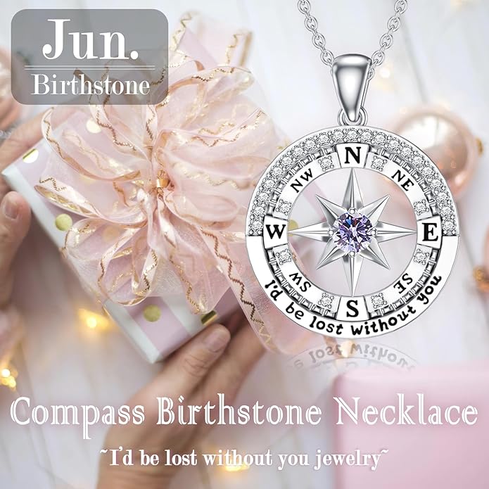 Compass Birthstone Necklace Gift for 2025 Graduation 925 Sterling Silver Compass ‘I'd be Lost Without You’ Pendant Necklaces Jewelry for Women Her Wife Gift for Birthday Anniversary