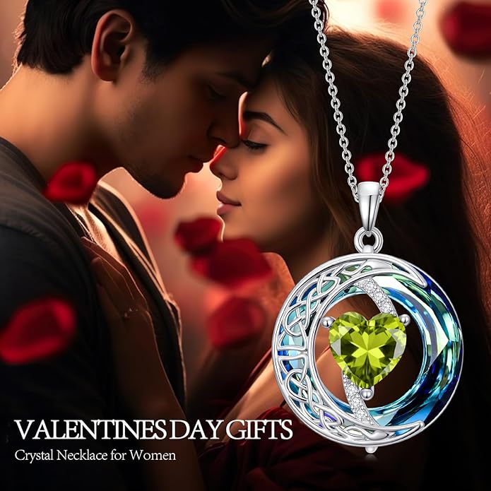 Valentines Day Gifts for Women, Birthstone Necklace for Women, Celtic Moon Pendant Blue Crystal Necklace Heart Jewelry Anniversary Jewelry Gift for Daughter Wife Mother Sister