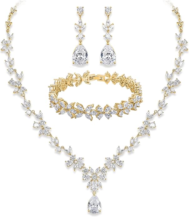 Crysdue Wedding Jewelry Set for Women, Floral Leaf Vine Teardrop Necklace Dangle Earrings Bracelet and Hair Comb, Cubic Zirconia Elegant Party Prom Jewellery for Bridal Bridesmaid