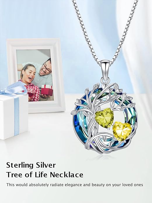 TOUPOP s925 Sterling Silver Family Celtic Tree of Life Pendant Necklaces with 2 Heart Birthstone with Blue Austrian Crystal Jewelry Birthday Valentines Day Gifts for Her, Anniversary Christmas Gifts for Wife Girlfriend Mom (18K Real White Gold Filled)