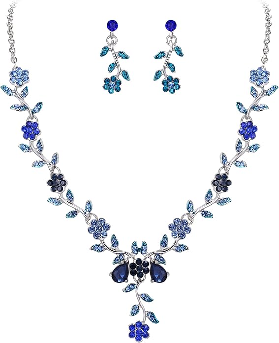 BriLove Women's Wedding Jewelry Leaf Cluster Flower Crystal Dangle Earrings Pendant Necklace Set for Bridal