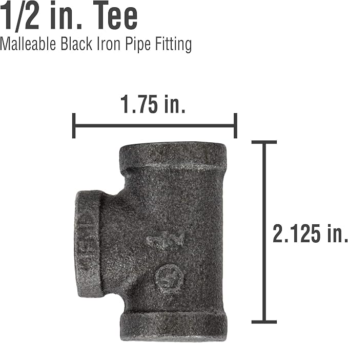1/2" Tee Fitting, PIPE DECOR Black Malleable Iron Fittings Fit Standard 1/2 - Image 2