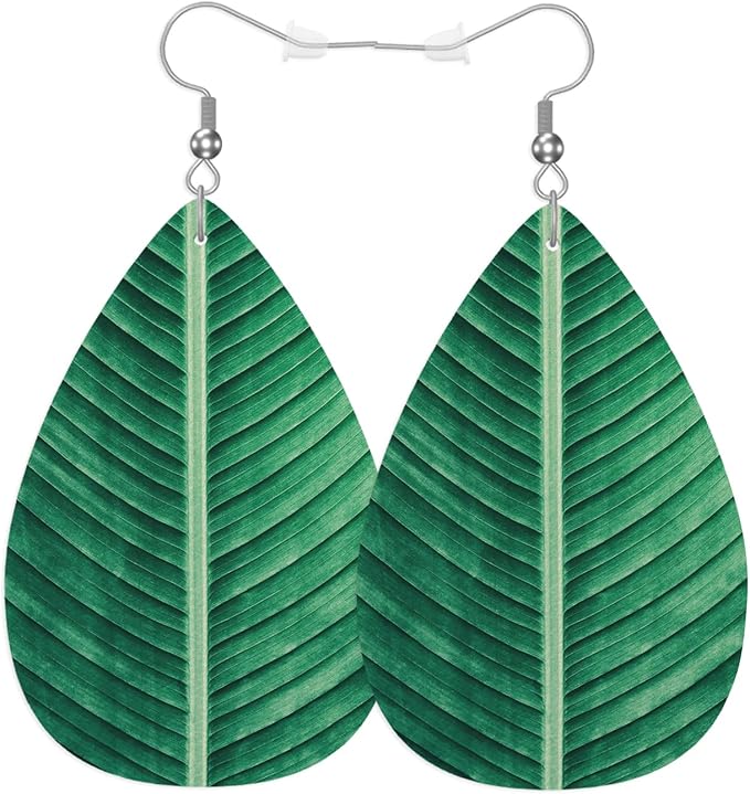 Green Leaves Fashion Leather Teardrop Ear Rings Exotic Palm Leaves Jungle Banana Leather Leaf Earrings Jewelry For Women Friends