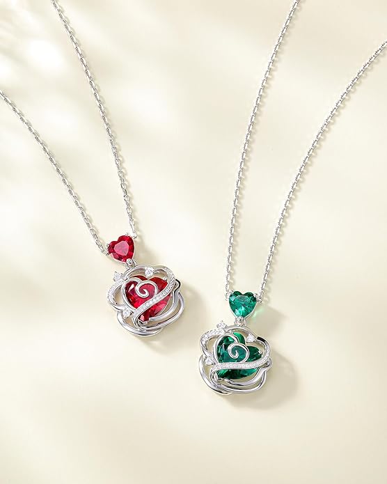 FANCIME Thornless Pulse Heart Birthstone Necklace for Women Sterling Silver Rose Pendant Fine Jewelry Gemstone Birthday Valentines Day Gifts for Wife Her