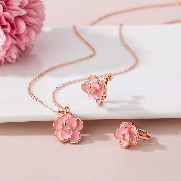 Dainty Rose Flower Pendant Necklace Clip On Earrings Set for Women 14K Gold Plated Hypoallergenic Jewelry Sets
