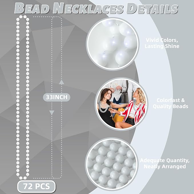 YAXINRUI 72 PCS White Mardi Gras Beads, 33" White Bead Necklaces Party Costume Necklace Round Parade Throw Beads in Bulk for Mardi Gras Christmas Festive Events, Party Favors