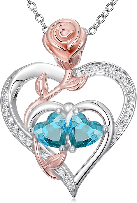 Rose Flower Heart Pendant for Women Birthday Gifts 18k Gold Plated Mother Daughter Necklace with 12 Months Birthstone Christmas Valentines Day Gifts for Her Mom Anniversarry Jewelry for Mom Wife Girlfriend
