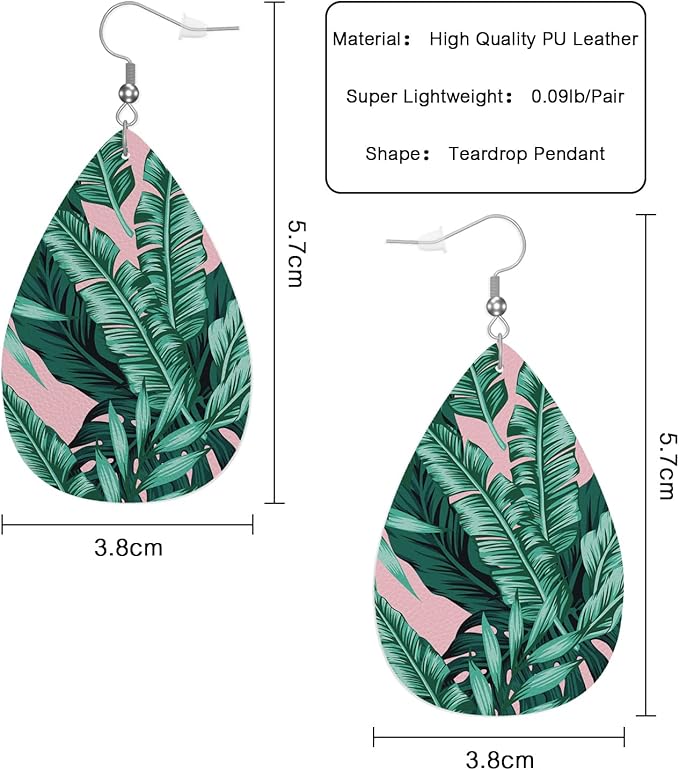 Palm Leaves Leather Teardrop Earrings For Women Tropical Banana Leaf Paradise Palm Foliage Western Earrings For Friends Gift Drop Dangle Earrings
