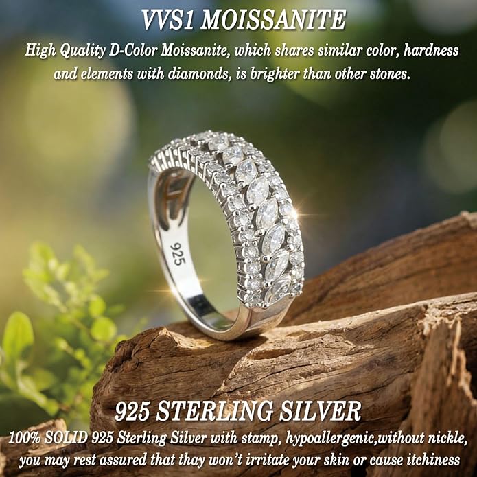 D Color VVS1 Moissanite Rings for Women 925 Sterling Silver Wedding Bands Marquise Eternity Rings Stackable Promise Size 5-10