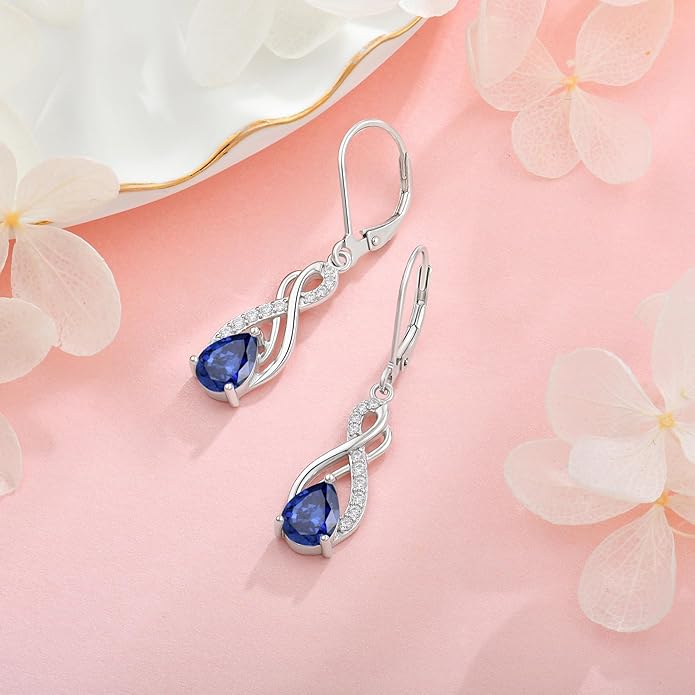 Infinity Love Birthstone Earrings for Women 925 Strling Silver 5A Cubic Zirconia Dangle Drop Leveback Earrings Jewelry Birthday Christmas Day Gifts for Her