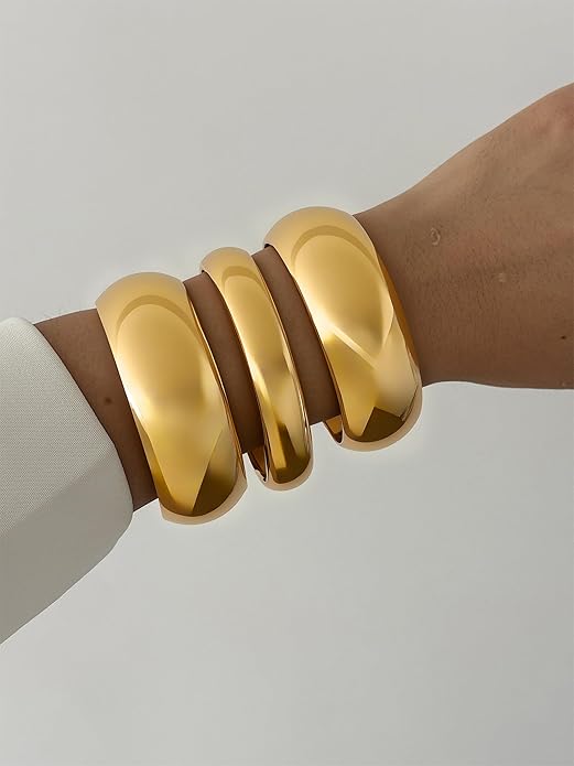 3Pcs Chunky Gold Bangles Bracelets for Women, Spring Hinged Big Stackable Bangles Set, Trendy Cuff Bracelet Stack Fashion Jewelry Gifts