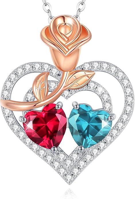 AGVANA Valentines Day Gifts Birthstone Necklace for Women Sterling Silver Rose Flower Heart Double Birthstone Jewelry Pendant Necklace Anniversary Birthday Gifts for Women Mom Wife Girlfriend Her