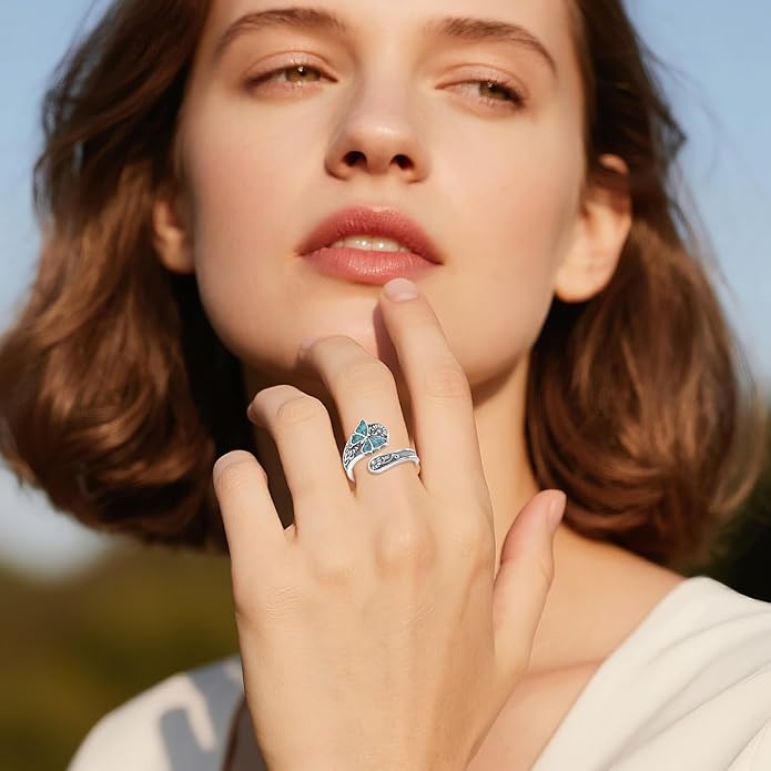 VONALA Vintage 925 Sterling Silver Butterfly Ring with Crushed Turquoise, Modern Vintage Women's Jewelry, Elegant Gift for Her,Adjustable Size 6–8