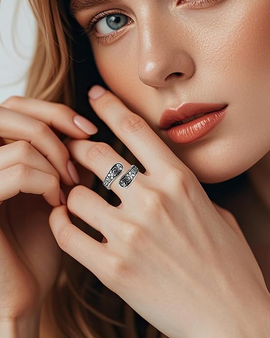 Vintage 14K Gold Plated and Silver Spoon Ring – Adjustable Ring with Carving Design for Women, Unique Boho Open Ring for Gift