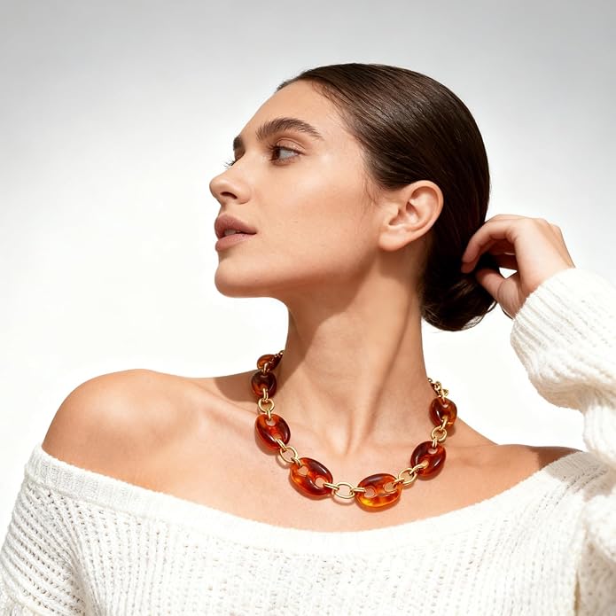 Acrylic Choker Necklace for Women 14K Gold Plated Statement Necklace Bold Brown Resin Chokers Vintage Jewelry Gifts