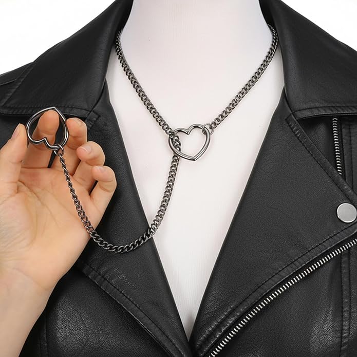 Heart Slip Chain Choker for Women, Cuban Chain Y-shape Necklaces Punk Rock Collar Black Chains Necklace, Adjustable Gothic Choker Necklace for Women