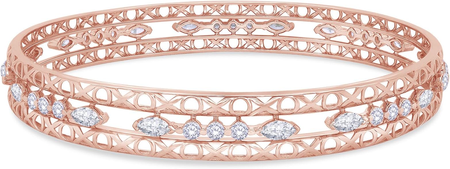 Bangle Bracelets for Women 3.65 Carat (ctw) Marquise And Round Shape Lab Grown Diamond 3-Row Cuff Bangle Bracelets In 14K Gold Over Sterling Silver Jewelry Gifts For Her Size-7.00 to 8.00 Inch