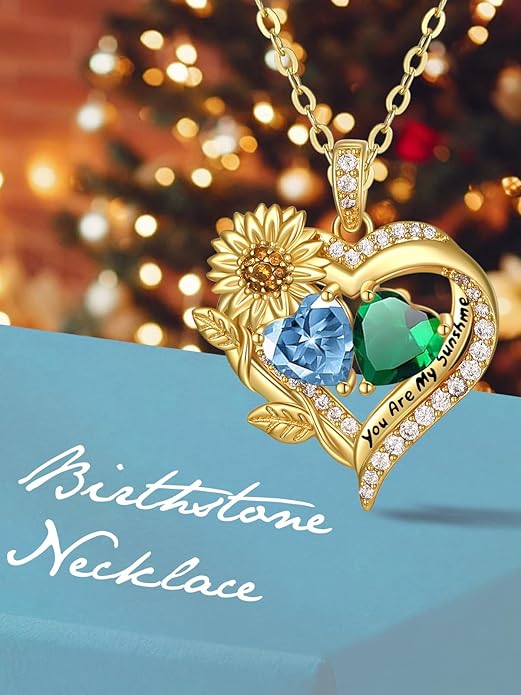Sunflower Heart Necklace for Women 14K Gold Exquisite Valentines Day Anniversary Birthday Gifts for Wife Mother Her Double Birthstone Pendant Jewelry‘You Are My Sunshine’