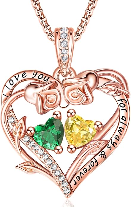Rose Heart Necklaces for Women, Rose Gold Forever Love Jewelry with 2 Birthstones Pendant,Valentines Anniversarry Birthday Gifts for Her Wife Mom Grandma Daughter, 18+2 Inch Chain