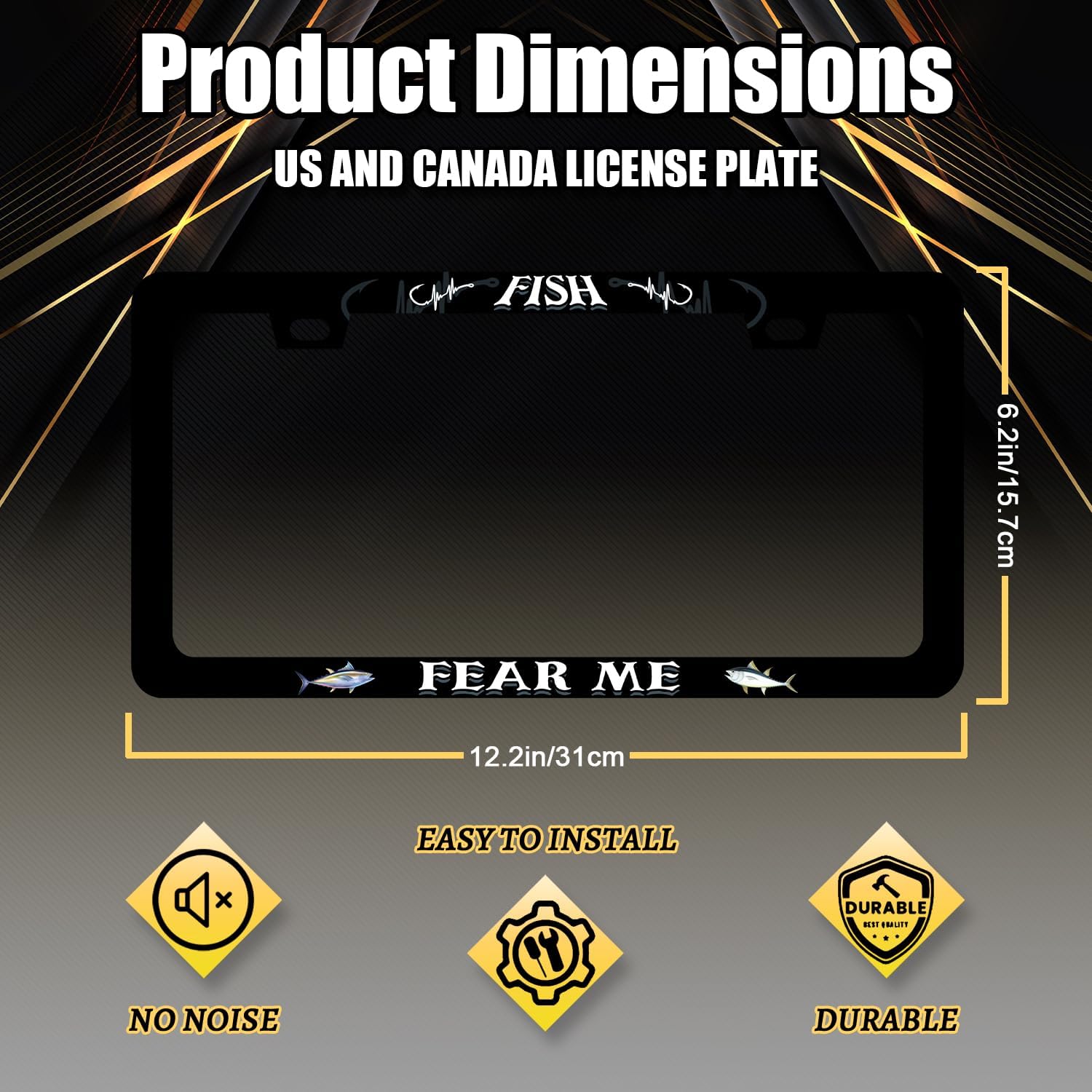 Fish License Plate Frame Fish Fear Me License Plate Holder for Personalized Car Decorative Stainless Steel Funny Text License Plate Fishing Auto Part Women Men with Screws 12.2" x 6.2"