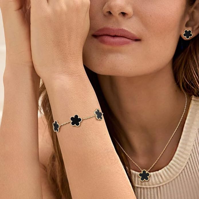 Gold Necklaces Bracelets Earring Set - 18K Gold Plated Flower Bracelet Chain,Stainless Steel Non Tarnish Floral Pendant Stud Jewelry Sets,Christmas Birthday Lucky Gift for Mom Wife Daughter Girlfriend
