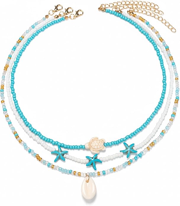Women's Shell Starfish Boho Layered Beaded Necklace Choker for Summer Beach Vacation Gifts for Birthday/Anniversary/Christmas