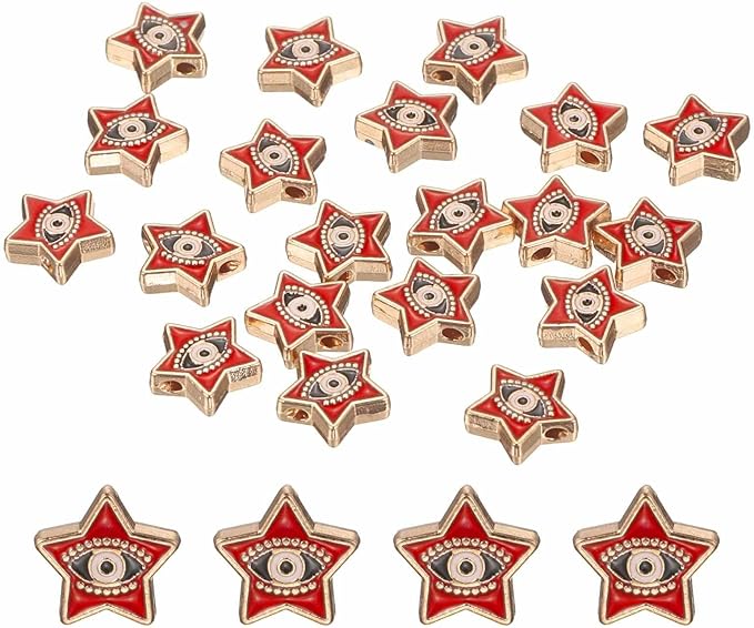 MECCANIXITY 20 Pcs Star Evil Eye Beads Colorful Flat Loose Spacer Evil Eye Charms for DIY Bracelet Earrings Necklace Crafts Jewelry Making, Red