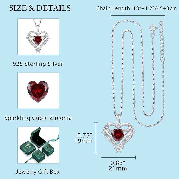 FJ Heart Angel Wings Pendant Necklace 925 Sterling Silver Birthstone Jewelry Gifts for Women
