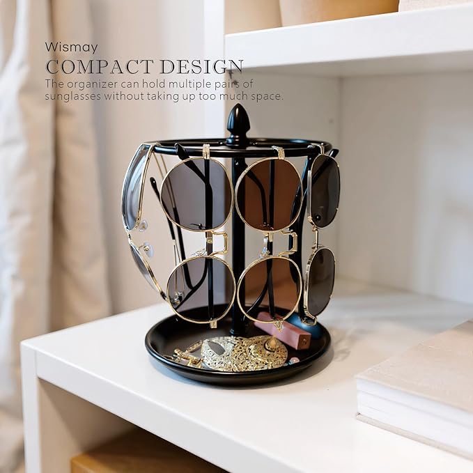 Sunglasses Organizer, Glasses Display Stand for 12 Pairs, Base Storage for Jewelry (Metal+Black)