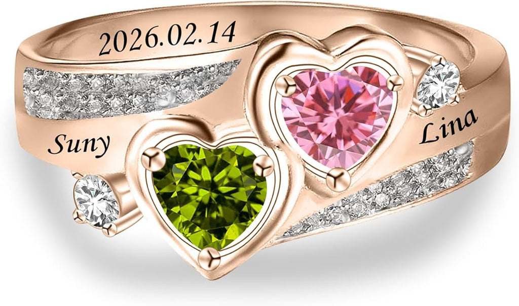 Personalized Heart Birthstone Rings for Women with 2 Birthstones Custom Name Rings for Couple Mother Daughter Jewelry Gift for Mother Her Christmas