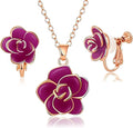 Dainty Rose Flower Pendant Necklace Clip On Earrings Set for Women 14K Gold Plated Hypoallergenic Jewelry Sets